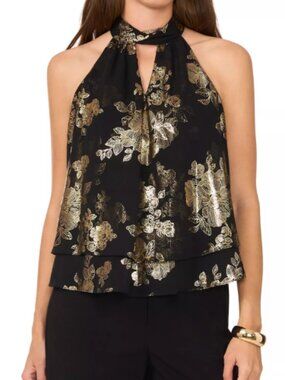 MSK Black Gold Halter Neck Blouse Top Size L P